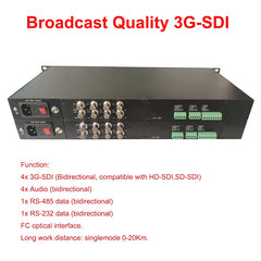 Convertidor de medios de fibra óptica bidireccional de 4 canales 3G-SDI de vídeo, audio, RS485, RS232, FC SM 20 km profesional, compatible con 1080p 60HZ 50Hz 30Hz y más