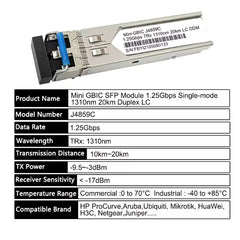 Gigabit SFP Module 1000BASE-LX 1310nm 20km Duplex LC SMF J4859C/J4859A/J4859B Optical Transceiver Compatible HPE/Aruba J4859D