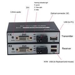 DVI video over Fiber Optic Extender with KVM USB and Stereo 3.5mm Audio, 1080P Full HD DVI Audio Video optical converters,SC Singlemode single fiber Up to 20Km(12.4mi) A set