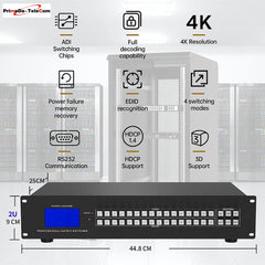 16x16 HDMI Matrix Switch 4K@30Hz, with Backlit RS232 LAN Port and EDID, Built-in US ADI Chip (16 in 16 Out)
