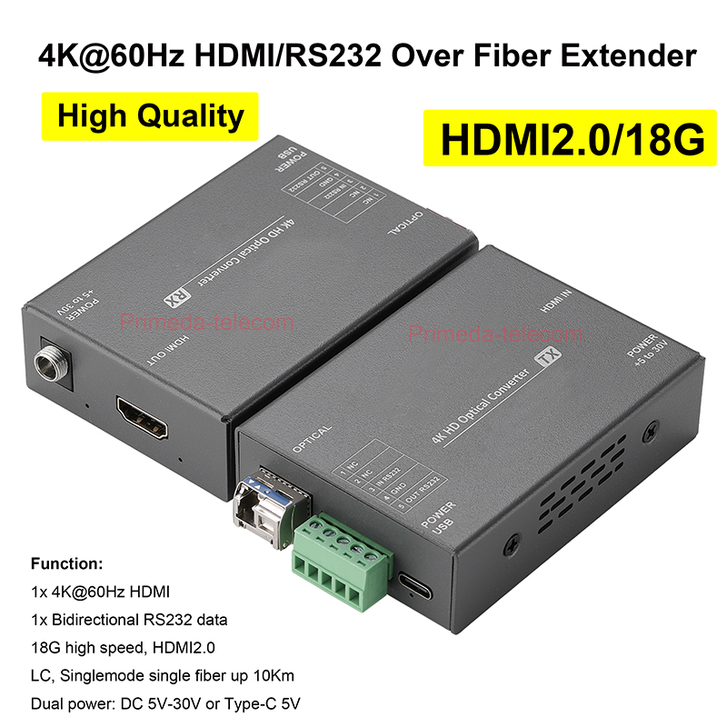 4K@60Hz HDMI Over Fiber Optic Extender 18Gbps High Speed with RS232 SFP LC Singlemode 10Km