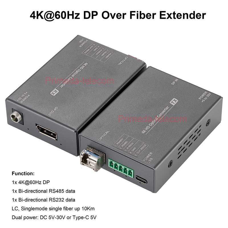 4K@60Hz Displayport DP Over Fiber Optic Extender with RS485 RS232 SFP LC Singlemode 10Km