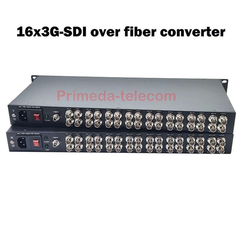 Convertidor de medios de fibra óptica de 16 puertos 3G/HD-SDI FC con salida de bucle HD de video y audio a través de extensor de fibra, sin comprimir, sin pérdida, calidad de transmisión profesional, monomodo de hasta 20 km, un par