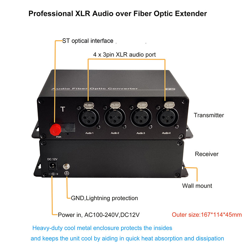 4 XLR Balanced Audio Over Fiber Optic Extender ST Singlemode Fiber up 20Km LC SFP Include Uncompressed No delay Professional grade Crystal Clear Sound