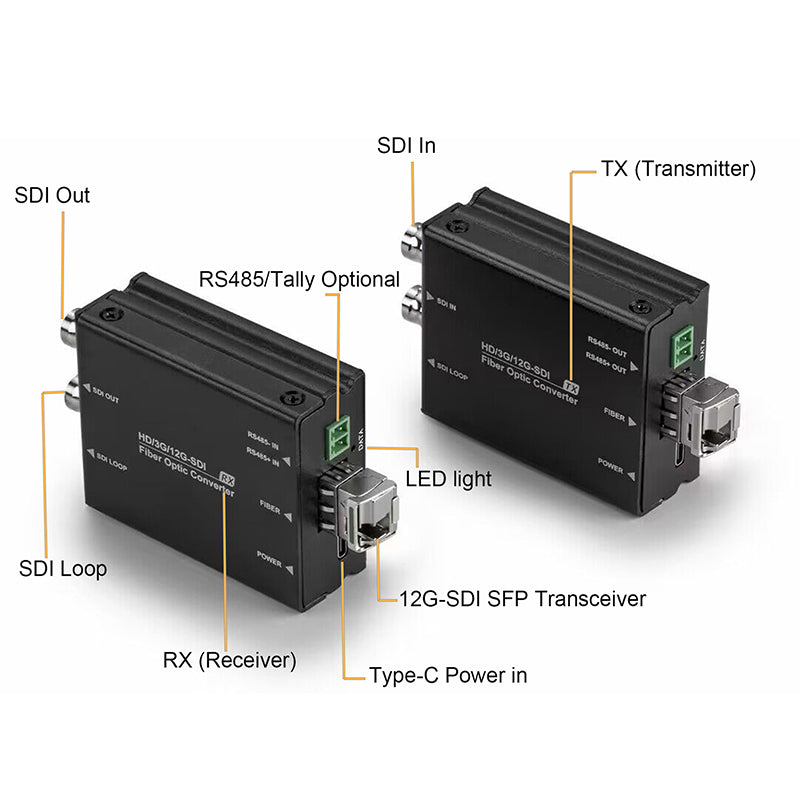 Mini 12G/3G-SDI Video to Fiber Optic Converters Kit, with RS485 data or Tally optional, 12G SFP Transceivers include, Singlemode up 10Km,Compatible 6G-SDI,3G-SDI,HD-SDI For UHDTV 4K 8K HDTV Video