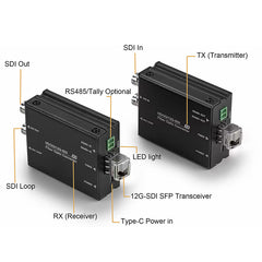 Mini 12G/3G-SDI Video to Fiber Optic Converters Kit, with RS485 data or Tally optional, 12G SFP Transceivers include, Singlemode up 10Km,Compatible 6G-SDI,3G-SDI,HD-SDI For UHDTV 4K 8K HDTV Video