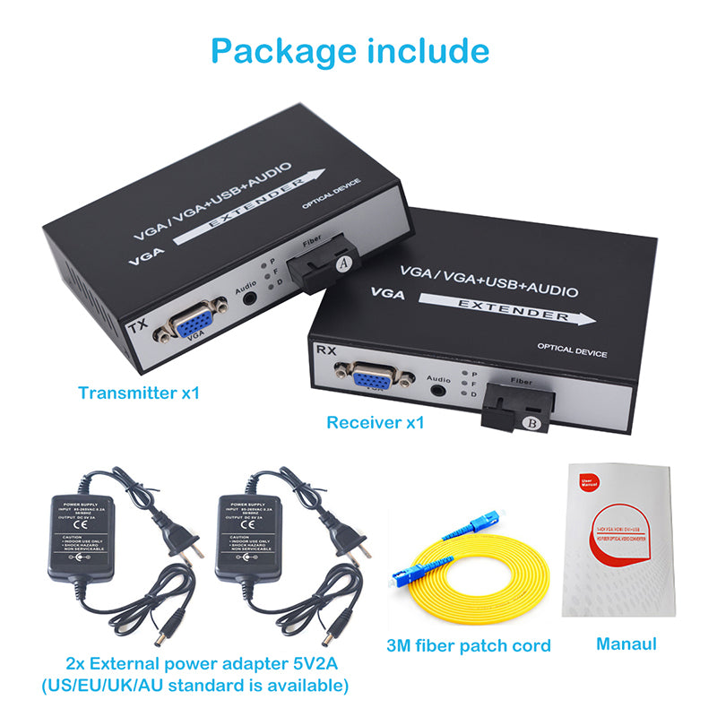 VGA over Fiber Extenders with stereo 3.5mm Audio ,1080p full HD Video fiber converters adapter,SC Singlemode single fiber up to 20Km,Multimode up 500m, A set