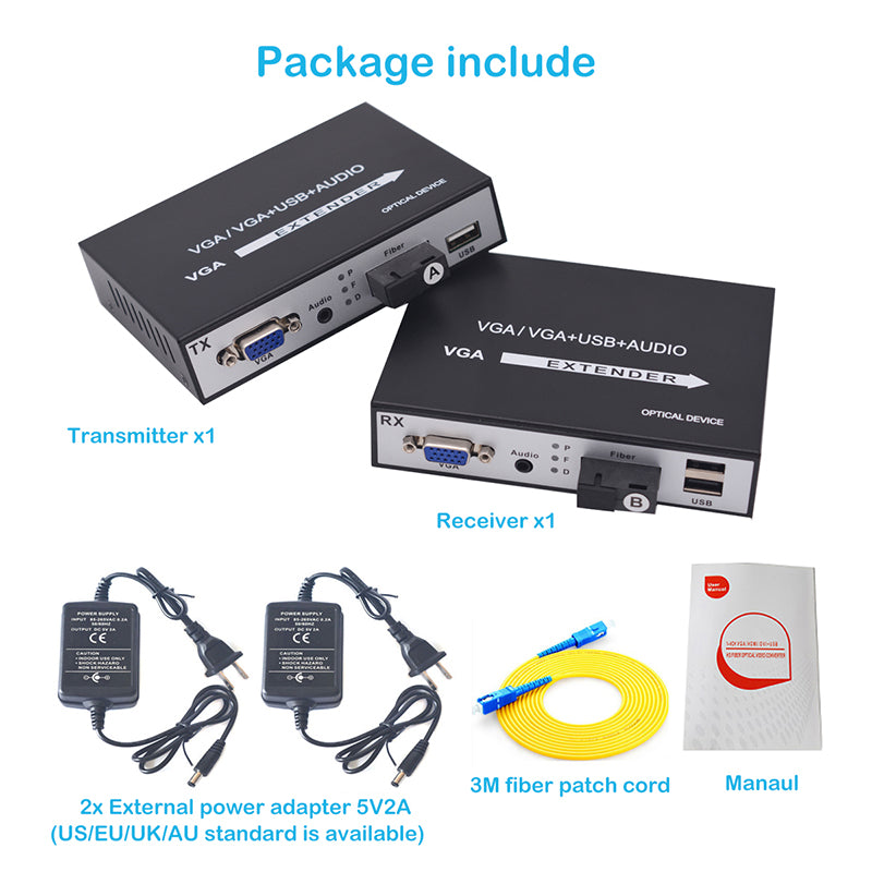 VGA over Fiber Extenders with KVM USB stereo 3.5mm Audio ,1080p full HD Video fiber converters adapter,SC Singlemode single fiber up to 20Km,Multimode up 500m, A set