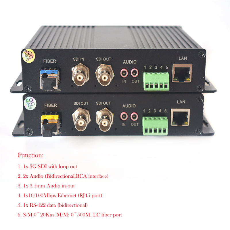 Convertidor de medios multifunción 3G-SDI RS422 RJ45 Ethernet a fibra óptica, extensores de audio y video HD sin comprimir a fibra óptica, fibra monomodo hasta 12.4 millas, multimodo hasta 500m un conjunto