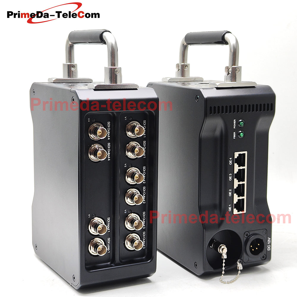 Professional Broadcast Protable BIDI 12G-SDI Video 4 Gigabit Ethernet over Fiber Optic Extender Media Converter ST Singlemode fiber up 10Km No delay Uncompressed Transmission 4 pin Canon DC12V Power -Equipped with Anton-Bauer