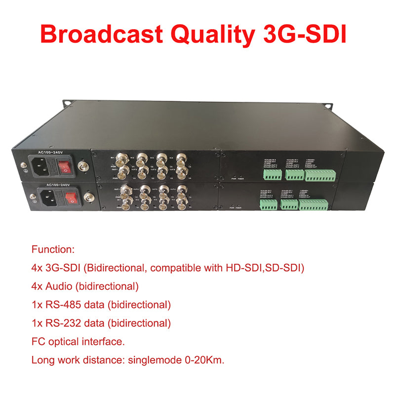 Convertidor de medios de fibra óptica bidireccional de 4 canales 3G-SDI de vídeo, audio, RS485, RS232, FC SM 20 km profesional, compatible con 1080p 60HZ 50Hz 30Hz y más