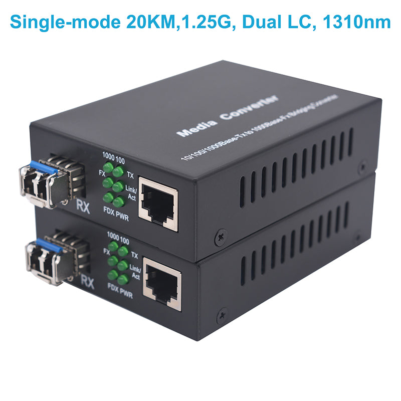 1.25G Bidi Gigabit Single-Mode Dual Fiber to Ethernet Media Converter, SFP slot, with 2 bidi SFP LC Fiber Module, 1310nm, up to 20Km (12.4miles) – 2 Pack
