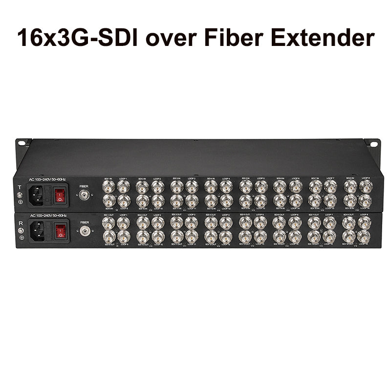 Convertidor de medios de fibra óptica de 16 puertos 3G/HD-SDI FC con salida de bucle HD de video y audio a través de extensor de fibra, sin comprimir, sin pérdida, calidad de transmisión profesional, monomodo de hasta 20 km, un par