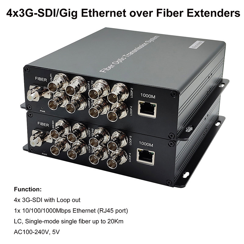4x3G-SDI Gigabit Ethernet over Fiber Extenders- Uncompressed Full HD video audio to fiber converters, LC Singlemode single fiber 20Km, No delay A set