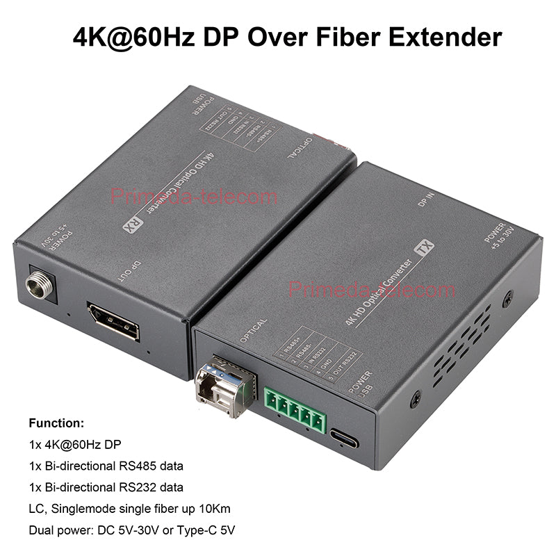 4K@60Hz Displayport DP Over Fiber Optic Extender with RS485 RS232 SFP LC Singlemode single fiber up 10km Professional broadcast-grade Zero latency