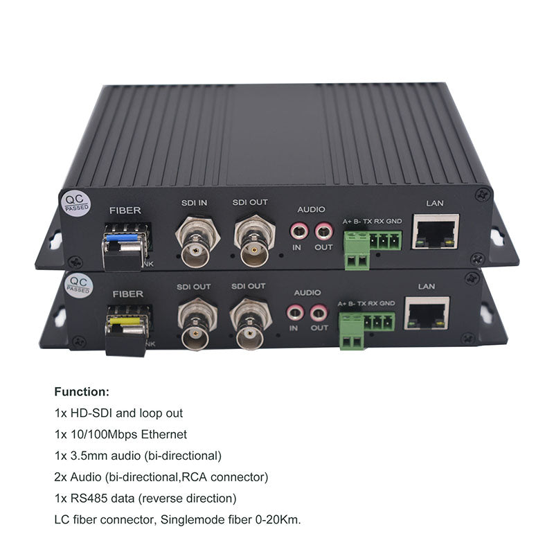 Convertidor de medios de fibra óptica multifunción HD SDI de vídeo, audio, Ethernet y RS485, sin comprimir con 2 transceptores SFP, monomodo 20 km, multimodo 500 m, un par