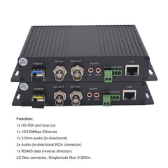 Convertidor de medios de fibra óptica multifunción HD SDI de vídeo, audio, Ethernet y RS485, sin comprimir con 2 transceptores SFP, monomodo 20 km, multimodo 500 m, un par