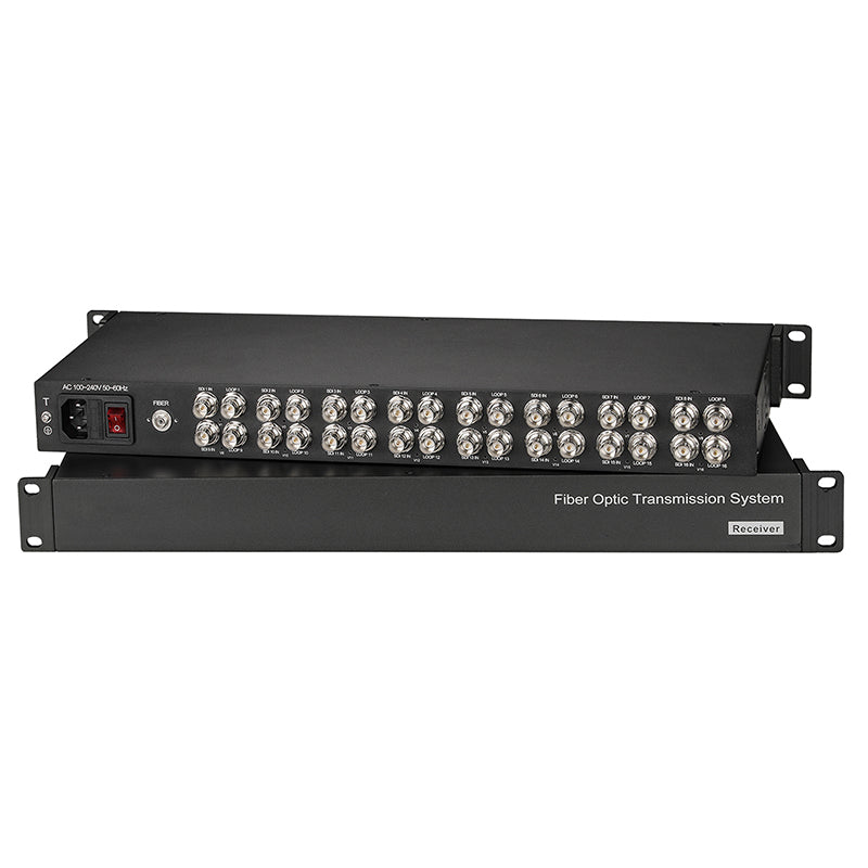 Convertidor de medios de fibra óptica de 16 puertos 3G/HD-SDI FC con salida de bucle HD de video y audio a través de extensor de fibra, sin comprimir, sin pérdida, calidad de transmisión profesional, monomodo de hasta 20 km, un par