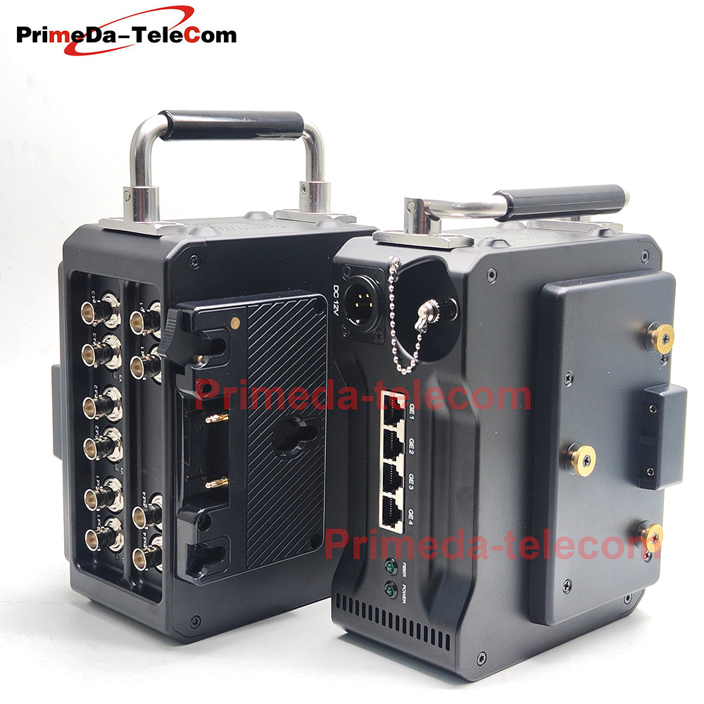 Professional Broadcast Protable BIDI 12G-SDI Video 4 Gigabit Ethernet over Fiber Optic Extender Media Converter ST Singlemode fiber up 10Km No delay Uncompressed Transmission 4 pin Canon DC12V Power -Equipped with Anton-Bauer