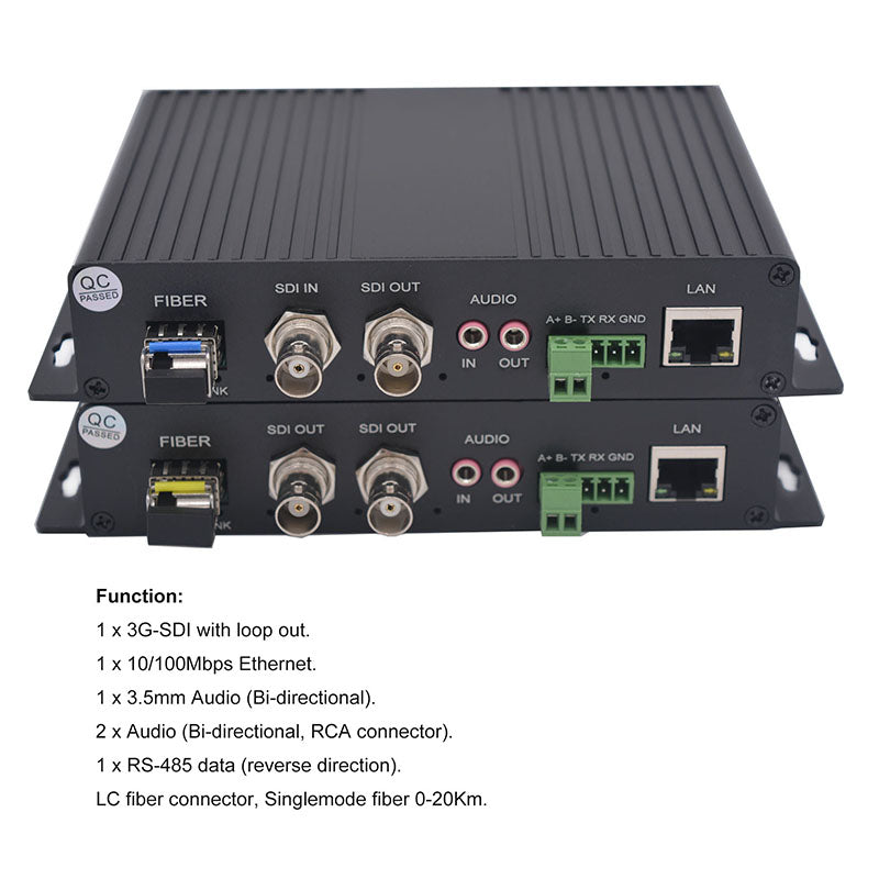 Convertidores de medios de fibra óptica multifunción 3G-SDI Ethernet RCA audio 3.5mm RS485 Un par, SFP de 3.125G incluido, LC monomodo 20Km multimodo 500m para cámaras 3G/HD-SDI