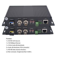 Convertidores de medios de fibra óptica multifunción 3G-SDI Ethernet RCA audio 3.5mm RS485 Un par, SFP de 3.125G incluido, LC monomodo 20Km multimodo 500m para cámaras 3G/HD-SDI