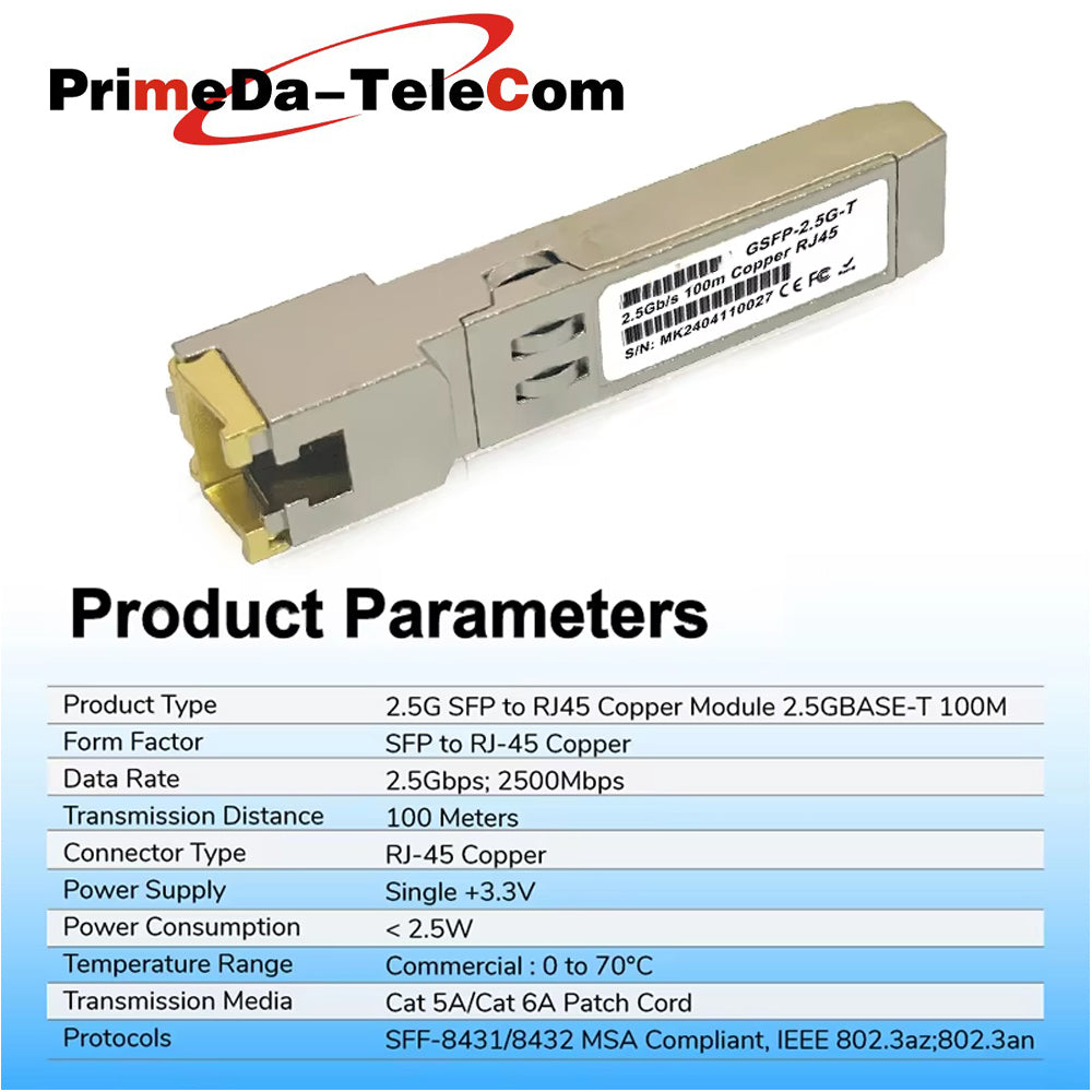 2.5G SFP to RJ45 Copper Optica Module 1.25G/2.5GBase-T 100m RJ45 Port Compatible Mikrotik,HORACO,KEEPLiNK 2.5Gb SFP Fiber Switch, 1PCS