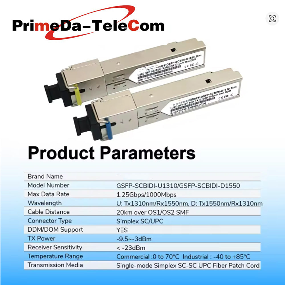 1.25G SFP SC BiDi Transceiver Module WDM 1310/1550nm 3km/10km/20km DDM Compatible for Miktotik/TP-Link/Ubiquiti Ethernet Switch 1 Pair