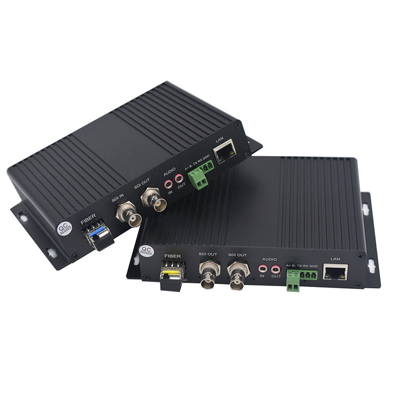 Convertidor de medios de fibra óptica multifunción HD SDI de vídeo, audio, Ethernet y RS485, sin comprimir con 2 transceptores SFP, monomodo 20 km, multimodo 500 m, un par