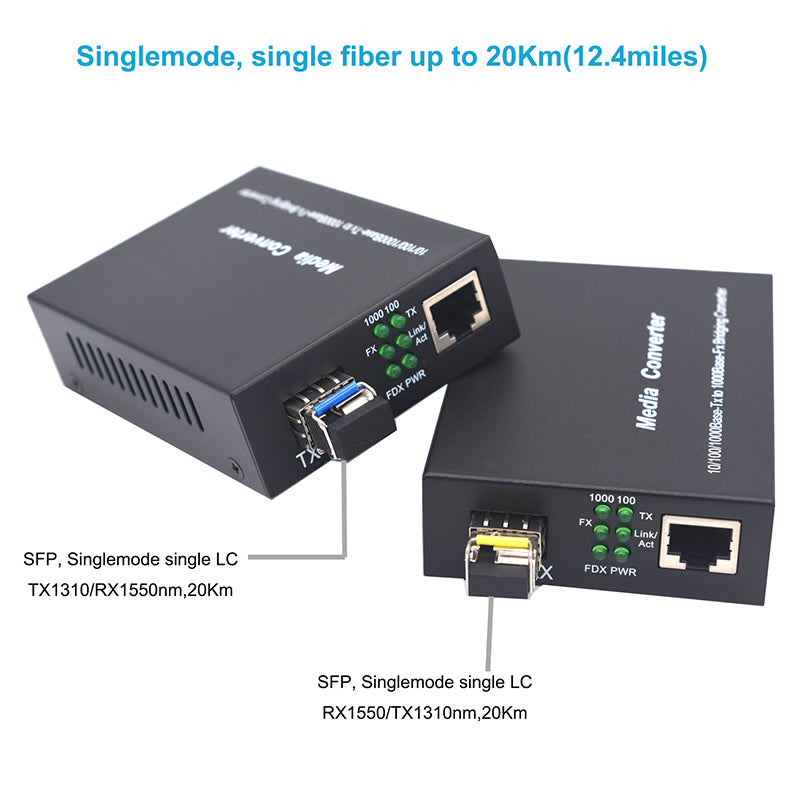 1.25G BiDi Gigabit Fast Ethernet Single-Mode Single LC Fiber Media Converters, with 2PCS SFP transceiver module, 1310nm/1550nm, SMF, RJ45 to SFP Slot up to 20Km (12.4mi)