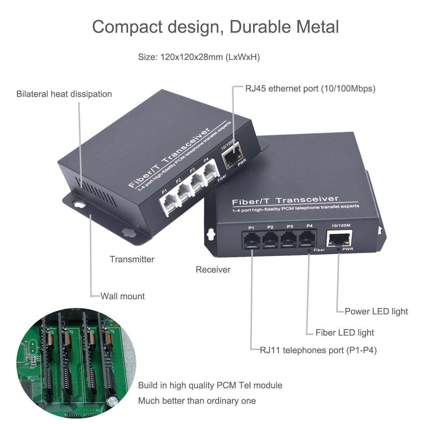 POTS Telephone and 100Mbps Ethernet over Fiber Converters 1 Set - PBX Phone Lines POTS Over Fiber Optic,Single Mode 20Km and Multimode 500m, Support Called id, Ring and Fax