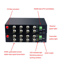 8 port 2MP Video over fiber Extender Uncompressed Lossless, HD video fiber converters RS485 PTZ FC Singlemode up 20Km, support 1080p 960p HD TVI CVI AHD and analog Cameras ,A set