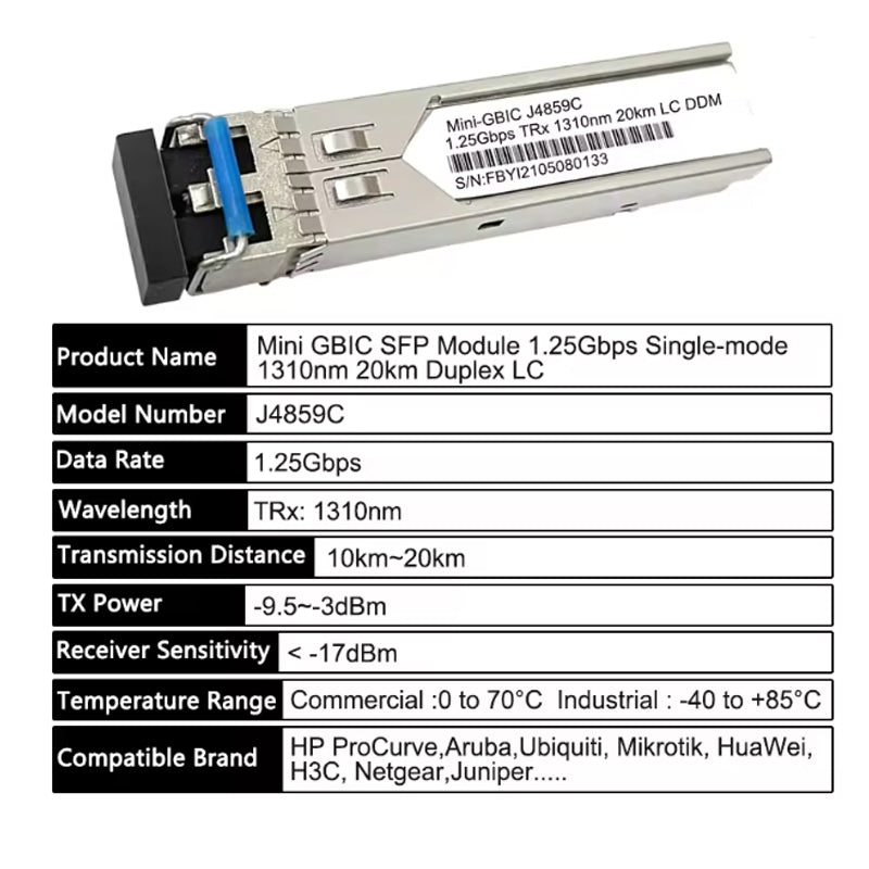 Gigabit SFP Module 1000BASE-LX 1310nm 20km Duplex LC SMF J4859C/J4859A/J4859B Optical Transceiver Compatible HPE/Aruba J4859D