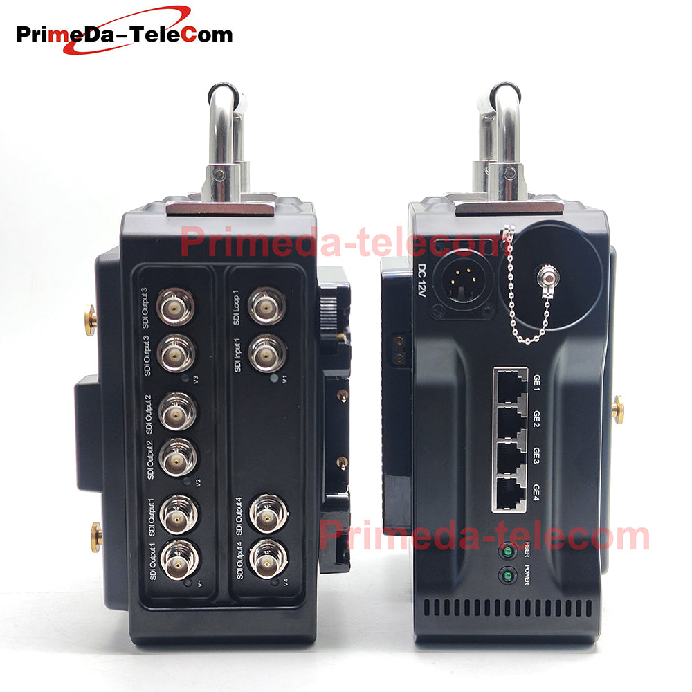 Professional Broadcast Protable BIDI 12G-SDI Video 4 Gigabit Ethernet over Fiber Optic Extender Media Converter ST Singlemode fiber up 10Km No delay Uncompressed Transmission 4 pin Canon DC12V Power -Equipped with Anton-Bauer