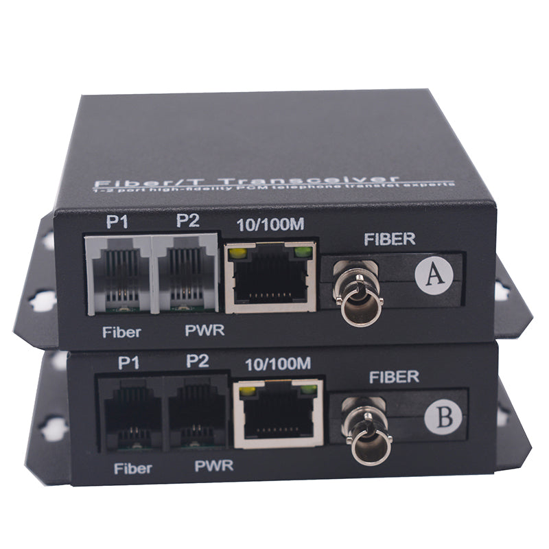 2 Port Telephone and 100Mbps Ethernet Over Fiber Converters 1 Set - 2 Phone Lines POTS Over Fiber Optic, ST interface ,Single Mode 20Km and Multimode 500m, Support Called id, Ring and Fax