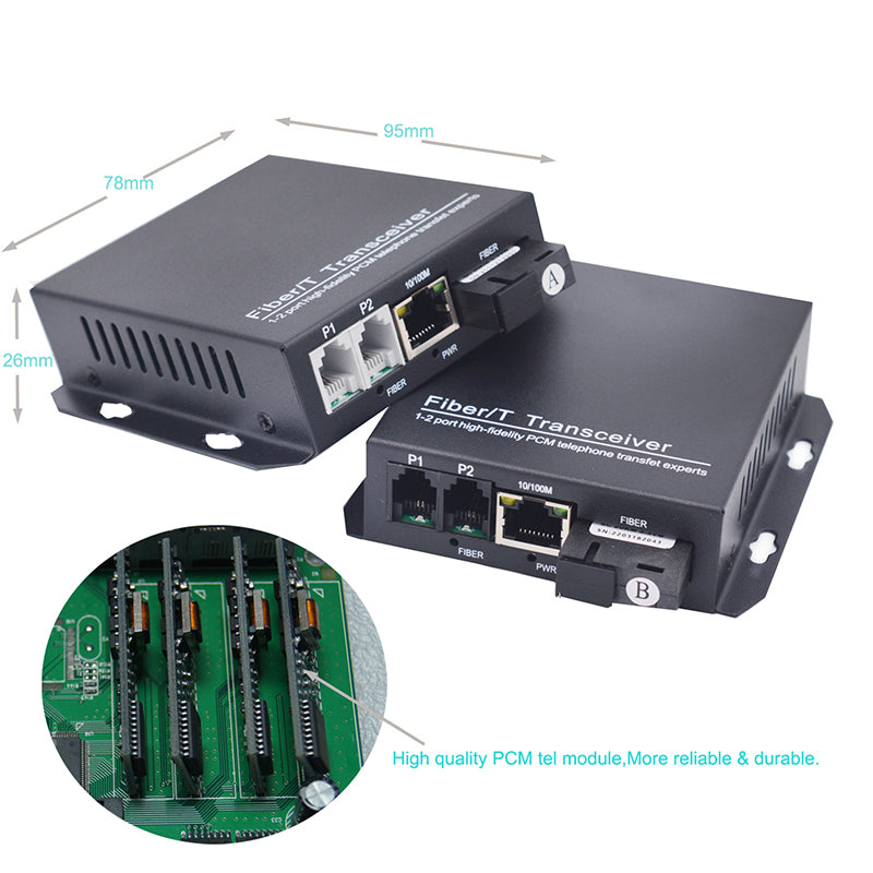 POTS Telephone and 100Mbps Ethernet over Fiber Converters 1 Set - PBX Phone Lines POTS Over Fiber Optic,Single Mode 20Km and Multimode 500m, Support Called id, Ring and Fax