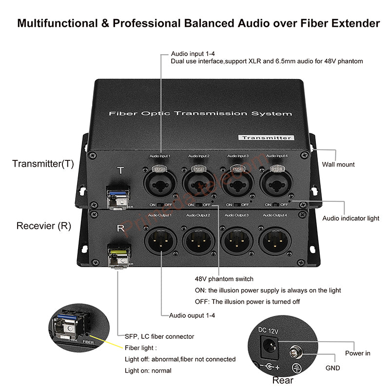 4/8 channel 48V Phantom XLR Balanced Audio to Fiber optic Extender Adapter LC Single-mode single fiber 20Km SFP include Uncompressed Professional Crystal Clear Sound