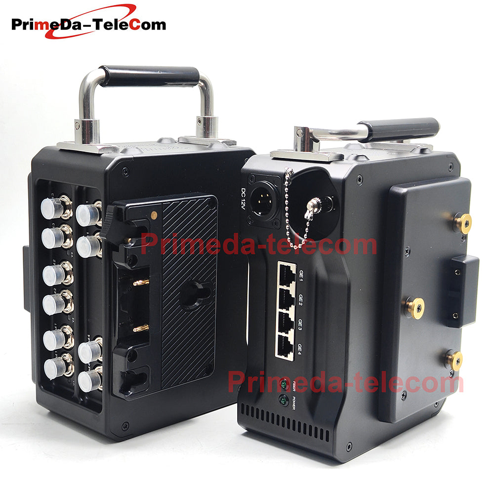 Professional Broadcast Protable BIDI 12G-SDI Video 4 Gigabit Ethernet over Fiber Optic Extender Media Converter ST Singlemode fiber up 10Km No delay Uncompressed Transmission 4 pin Canon DC12V Power -Equipped with Anton-Bauer