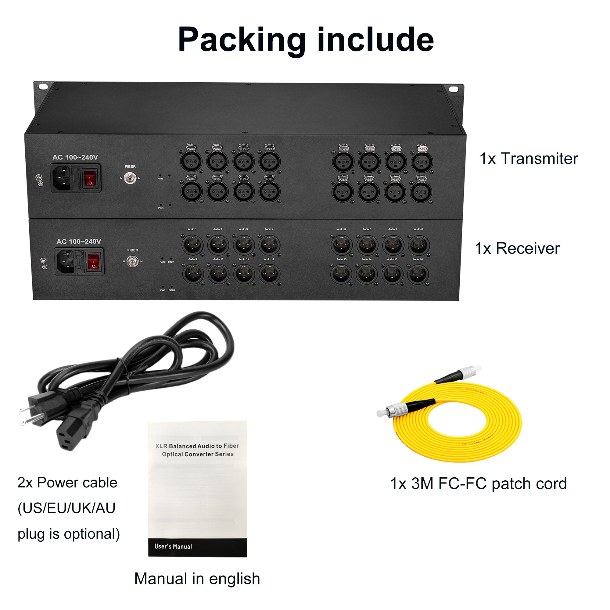 16 channel XLR Balanced Audio Over Fiber Optic Extender 2U Rack mount Singlemode Fiber up 20Km LC FC ST Uncompressed No delay Professional grade Crystal Clear Sound