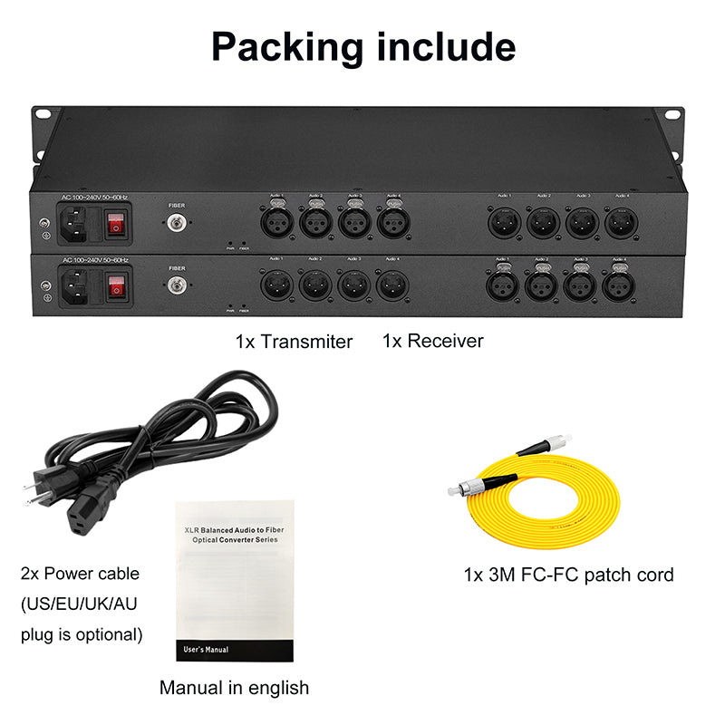 4 Bidirectional XLR Balanced Audio Over Fiber Optic Extender 1U Rack mount- Singlemode Fiber up 20Km LC SFP Include Uncompressed No delay Professional grade Crystal Clear Sound