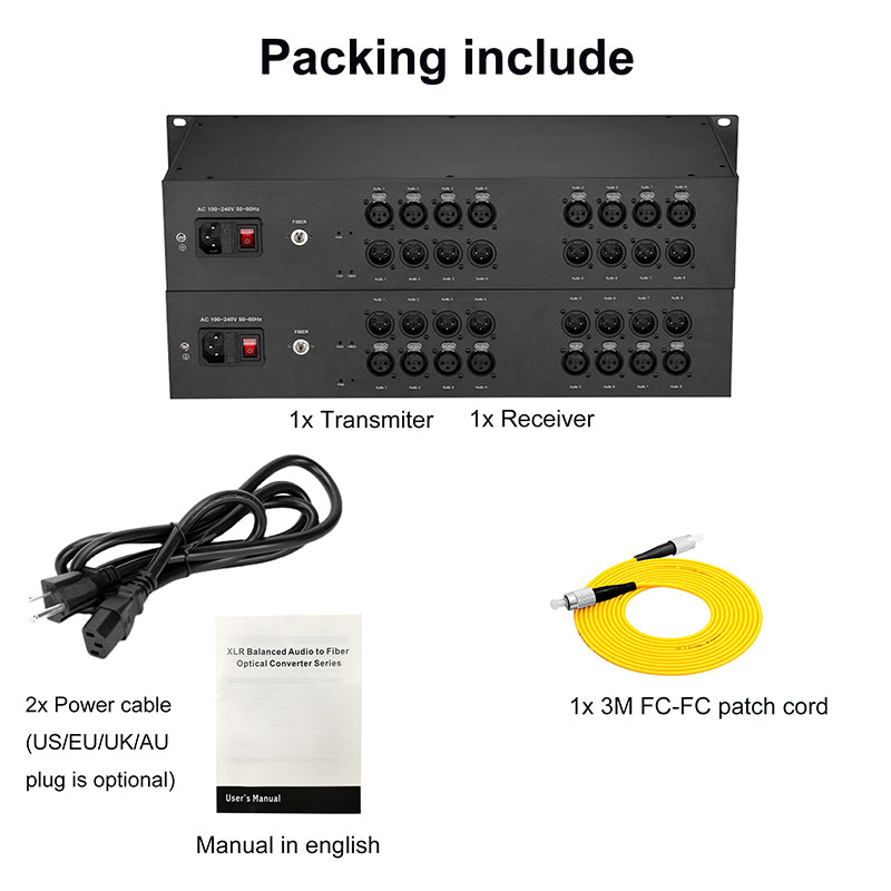 8 Bidirectional XLR Balanced Audio Over Fiber Optic Extender 2U Rack mount- FC/LC/ST Singlemode Fiber up 20Km Uncompressed No delay Professional grade Crystal Clear Sound