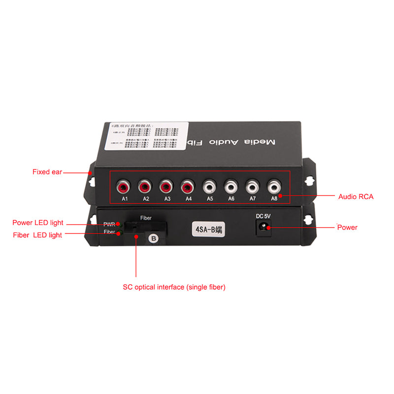 Bidirectional 4 Port Audio Fiber Converters A Set,Unbalanced Analog RCA Audio Extender Over Fiber,SC Singlmode Single Fiber Up 20Km Multimode 500m For Broadcasting TV and telephone conference More