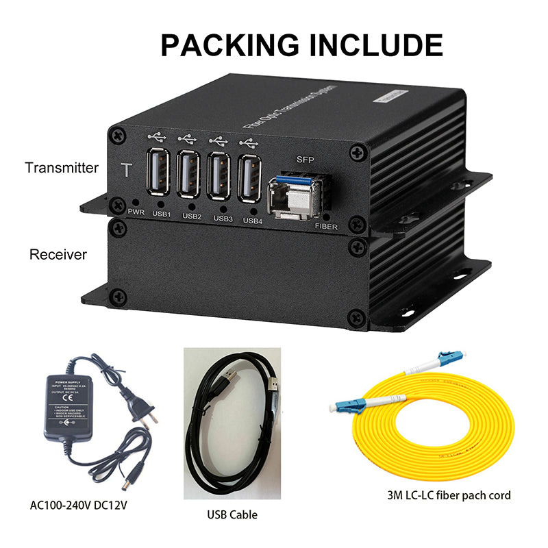 4 Ports USB2.0 over Fiber optic Extender LC Singlemode single Fiber up to 20Km 1.25G SFP Include for USB Remote storage and More, A pair