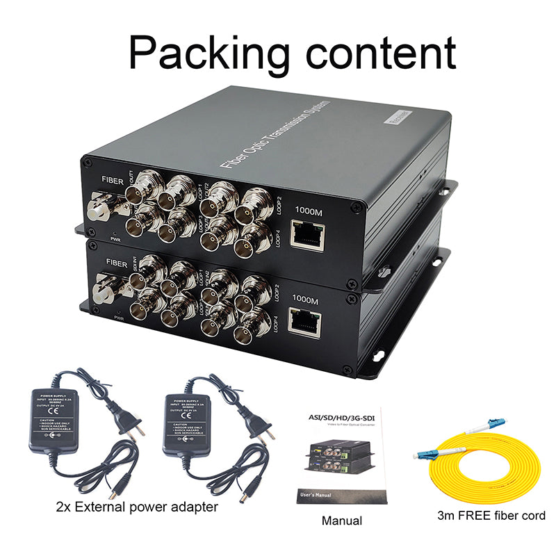 4x3G-SDI Gigabit Ethernet over Fiber Extenders- Uncompressed Full HD video audio to fiber converters, LC Singlemode single fiber 20Km, No delay A set