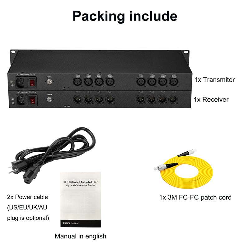 8 channel XLR Balanced Audio over Fiber Optic Extender 19inch 1U Rack mount Singlemode Fiber up 20Km LC SFP Include Uncompressed No delay Professional grade Crystal Clear Sound