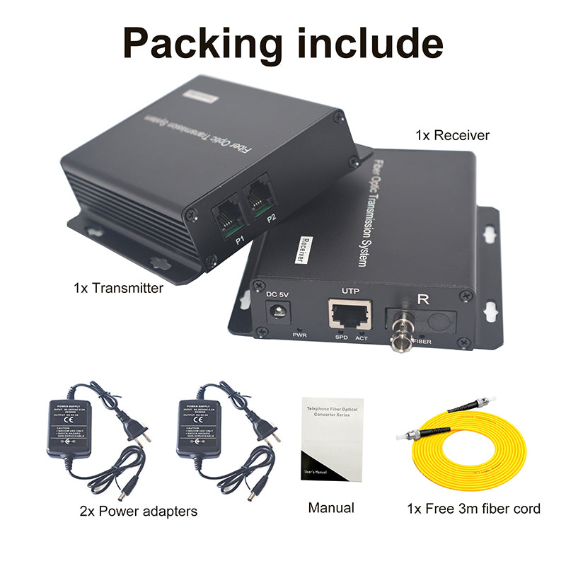 2 Port POTS Telephones and Network Extender over Fiber optic A set, Uncompressed Professional Phone Fiber Converter, ST optical transceiver, Singlemode 20Km Multimode 500M ,Support Called id, Ring and Fax