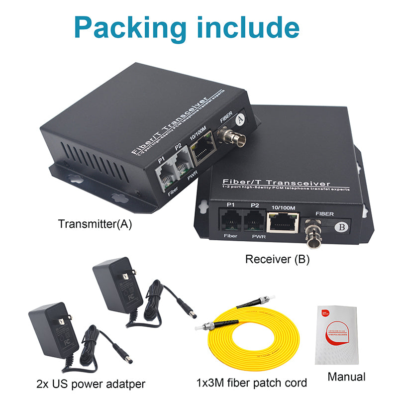 2 Port Telephone and 100Mbps Ethernet Over Fiber Converters 1 Set - 2 Phone Lines POTS Over Fiber Optic, ST interface ,Single Mode 20Km and Multimode 500m, Support Called id, Ring and Fax