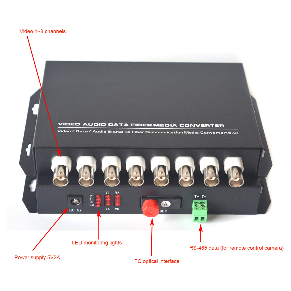 8 Channel Analog Video Fiber Converters FC Singlemode Up 20Km For Analog Camea CCTV Video Monitoring Security Systems And More