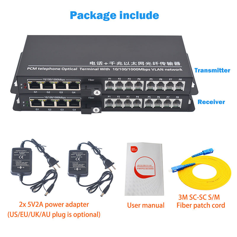 Multifuctional POTS RJ11 Telephone Phone and 4 Independent Gigabit Ethernet Over a Fiber Optic Converter Extender,SC fiber interface,Singlemode 20Km and Multimode 500m