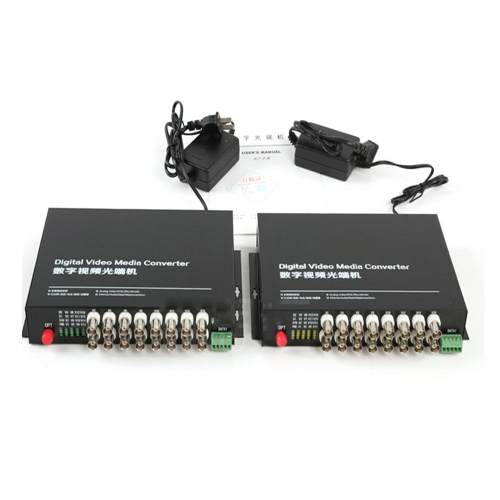 16 port Analog video fiber converters A set. PAL NTSC SECAM video over fiber extenders, FC Singlemode up 20Km for Video monitoring, Security Systems and more