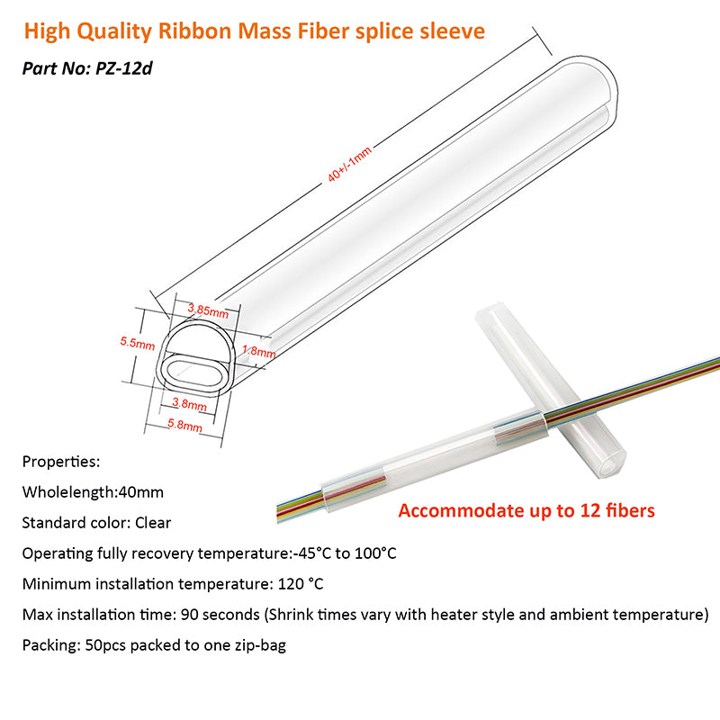 Preshrunk Ribbon Fiber optic fusion splice protection sleeve 40mm Clear 100pcs
